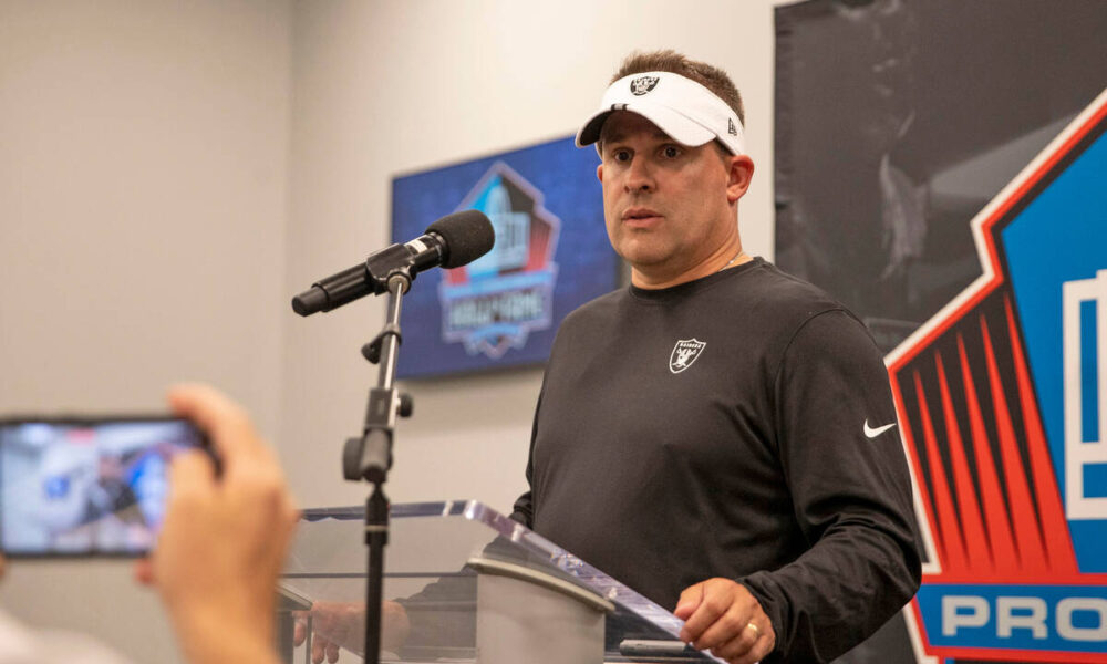 Raiders coach Josh McDaniels speaks to the media