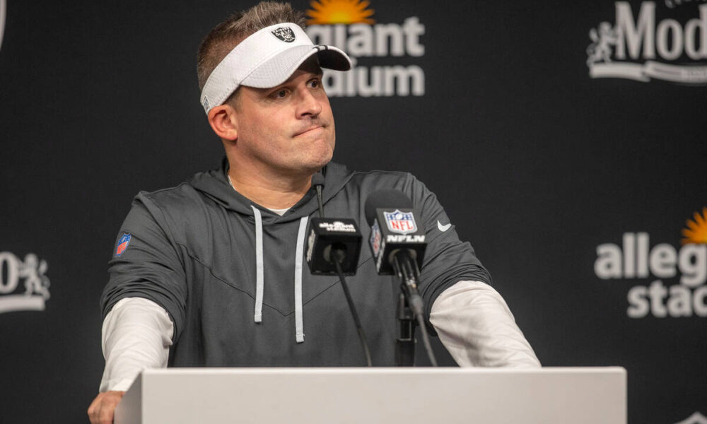 Raiders coach Josh McDaniels addresses the media