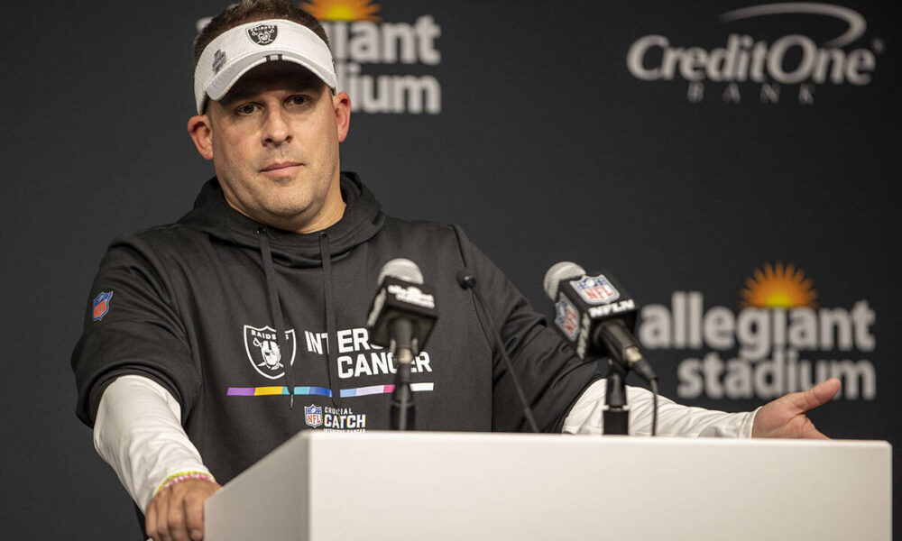 Raiders coach Josh McDaniels speaks to the media