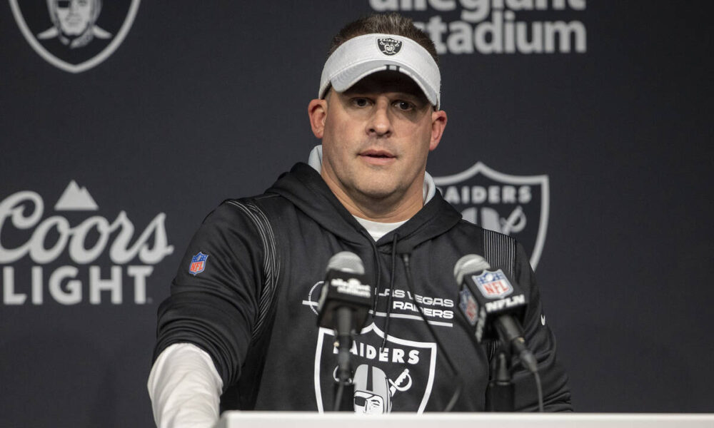 Raiders coach Josh McDaniels addresses the media
